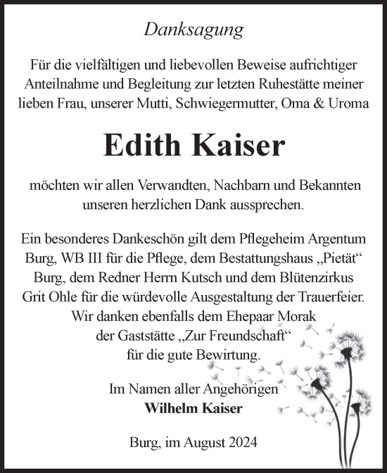 Traueranzeige von Edith Kaiser von Volksstimme Burg/Genthin