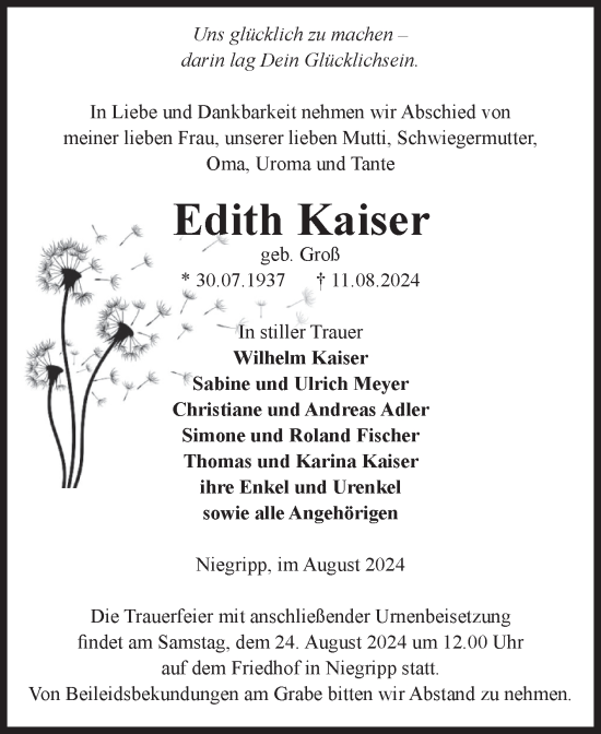 Traueranzeige von Edith Kaiser von Volksstimme Burg/Genthin