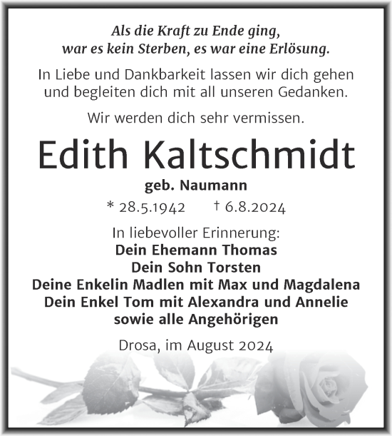 Traueranzeige von Edith Kaltschmidt von Trauerkombi Köthen