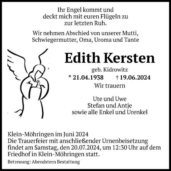 Traueranzeige von Edith Kersten von Volksstimme Altmark Ost