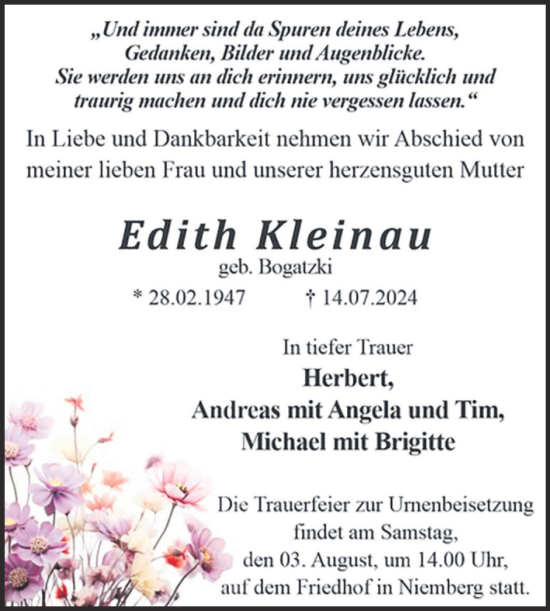 Traueranzeige von Edith Kleinau von Mitteldeutsche Zeitung Halle/Saalkreis