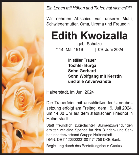 Traueranzeige von Edith Kwoizalla von Volksstimme Halberstadt
