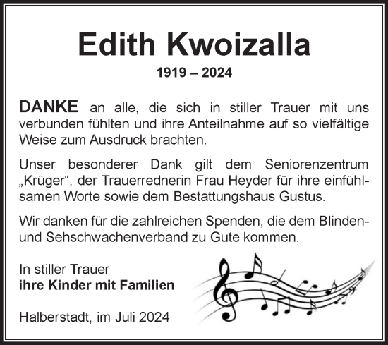 Traueranzeige von Edith Kwoizalla von Volksstimme Halberstadt