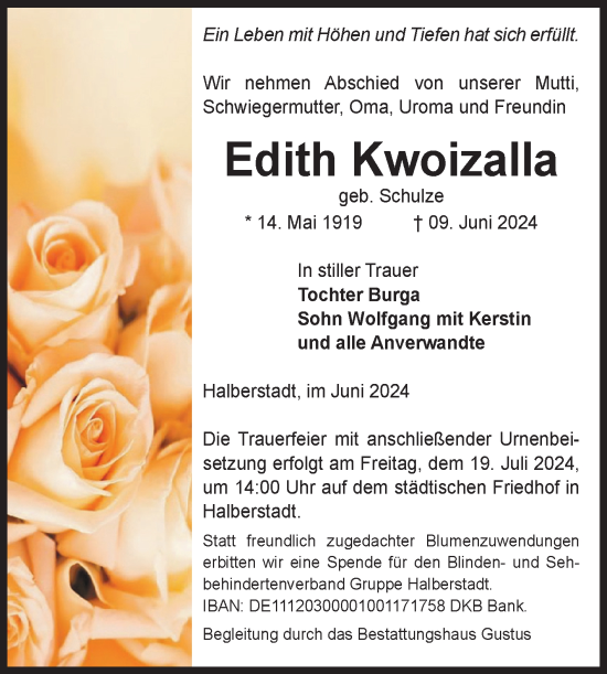 Traueranzeige von Edith Kwoizalla von Volksstimme Halberstadt