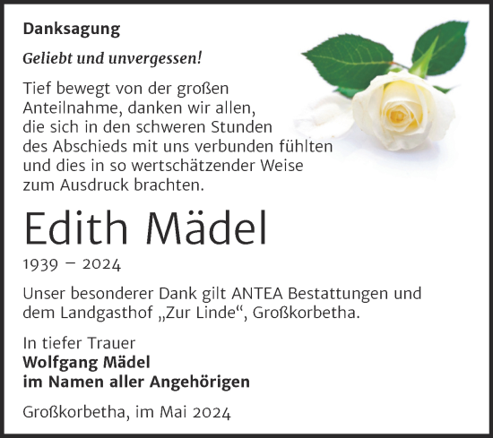 Traueranzeige von Edith Mädel von Trauerkombi Weißenfels