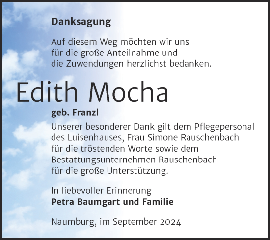 Traueranzeige von Edith Mocha von Naumburger Tageblatt