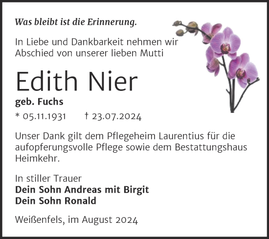 Traueranzeige von Edith Nier von Trauerkombi Weißenfels