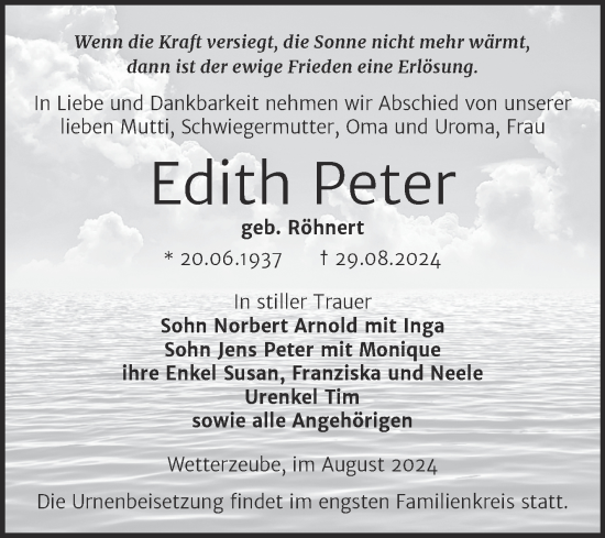 Traueranzeige von Edith Peter von Trauerkombi Zeitz