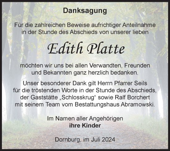 Traueranzeige von Edith Platte von Volksstimme Zerbst