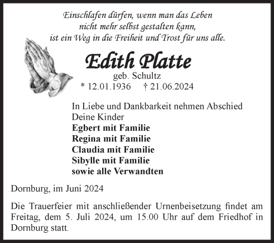 Traueranzeige von Edith Platte von Volksstimme Burg/Genthin