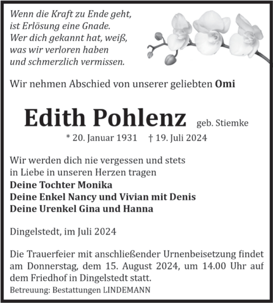 Traueranzeige von Edith Pohlenz von Volksstimme Halberstadt