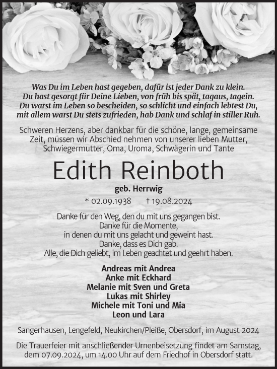 Traueranzeige von Edith Reinboth von Trauerkombi Sangerhausen