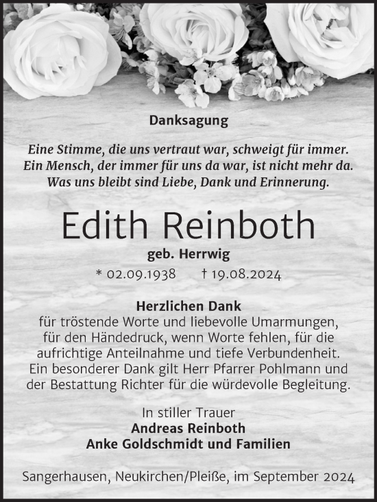 Traueranzeige von Edith Reinboth von Trauerkombi Sangerhausen