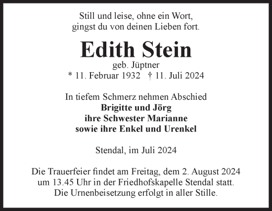 Traueranzeige von Edith Stein von Volksstimme Altmark Ost