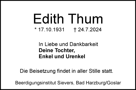 Traueranzeige von Edith Thum von Volksstimme Wernigerode