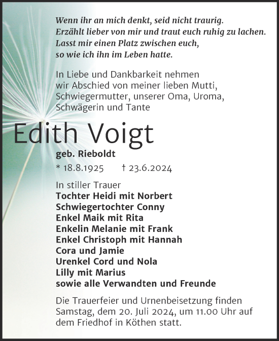 Traueranzeige von Edith Voigt von Trauerkombi Köthen