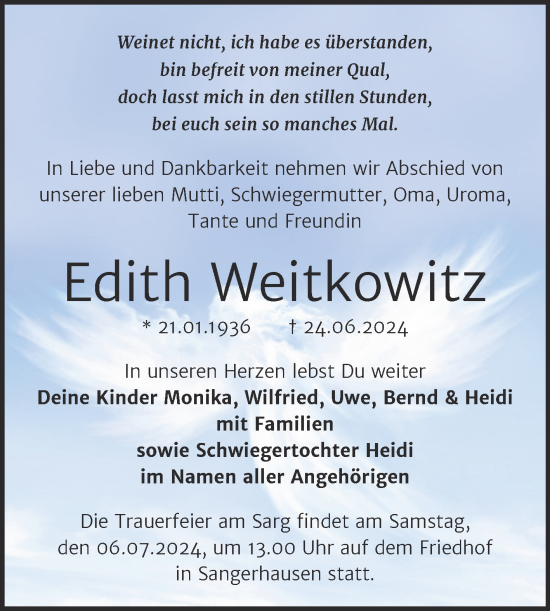 Traueranzeige von Edith Weitkowitz von Trauerkombi Sangerhausen
