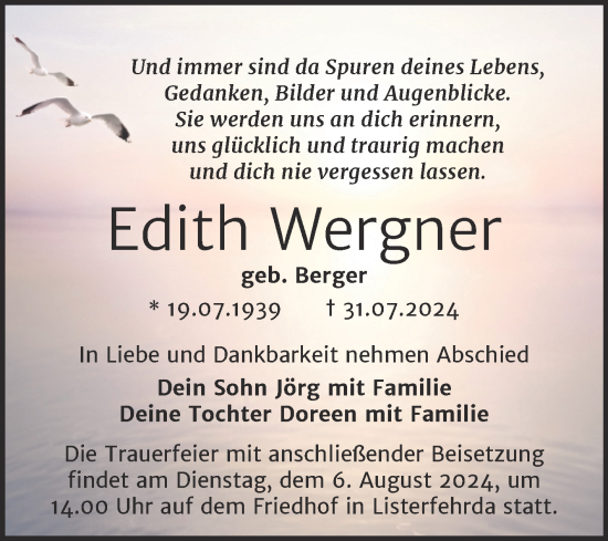 Traueranzeige von Edith Wergner von Trauerkombi Wittenberg