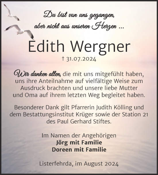 Traueranzeige von Edith Wergner von Super Sonntag Wittenberg