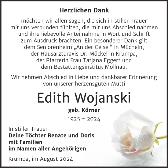 Traueranzeige von Edith Wojanski von Trauerkombi Merseburg