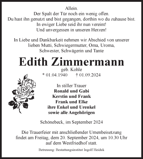 Traueranzeige von Edith Zimmermann von Volksstimme Schönebeck