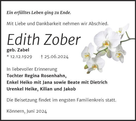 Traueranzeige von Edith Zober von Trauerkombi Bernburg