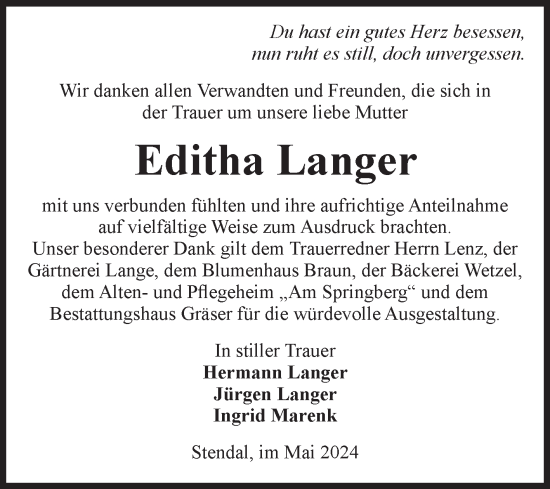 Traueranzeige von Editha Langer von Volksstimme Altmark Ost