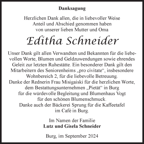 Traueranzeige von Editha Schneider von Volksstimme Burg/Genthin