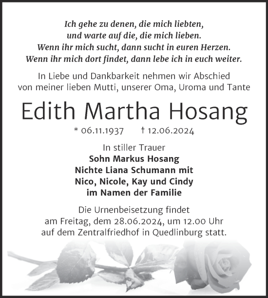 Traueranzeige von Edith Martha Hosang von Trauerkombi Quedlinburg