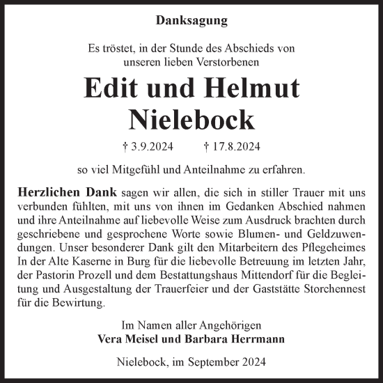 Traueranzeige von Edit und Helmut Nielebock von Volksstimme Burg/Genthin