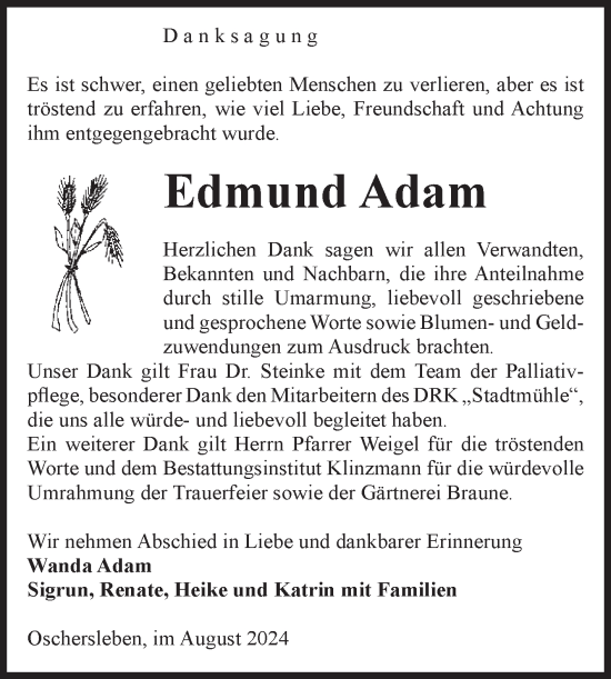 Traueranzeige von Edmund Adam von Volksstimme Oschersleben/Wanzleben