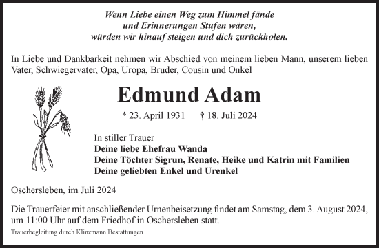 Traueranzeige von Edmund Adam von Volksstimme Oschersleben/Wanzleben
