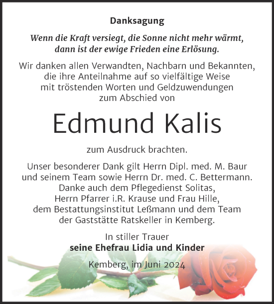 Traueranzeige von Edmund Kalis von Trauerkombi Wittenberg