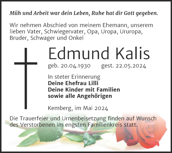 Traueranzeige von Edmund Kalis von Trauerkombi Wittenberg