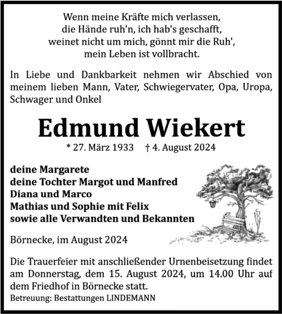 Traueranzeige von Edmund Wiekert von Volksstimme Wernigerode