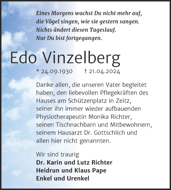 Traueranzeige von Edo Vinzelberg von Trauerkombi Zeitz