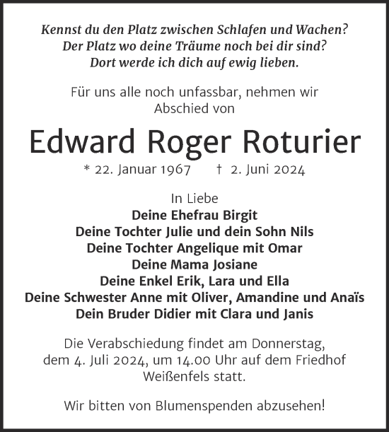 Traueranzeige von Edward Roger Roturier von Trauerkombi Weißenfels