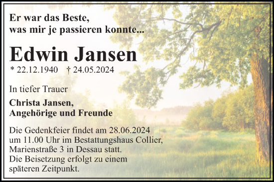 Traueranzeige von Edwin Jansen von Trauerkombi Dessau