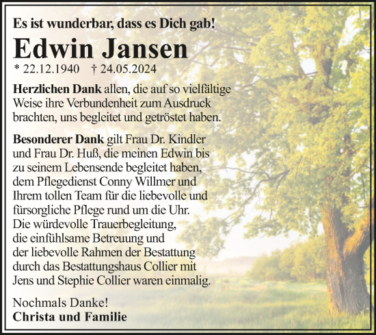 Traueranzeige von Edwin Jansen von Trauerkombi Dessau