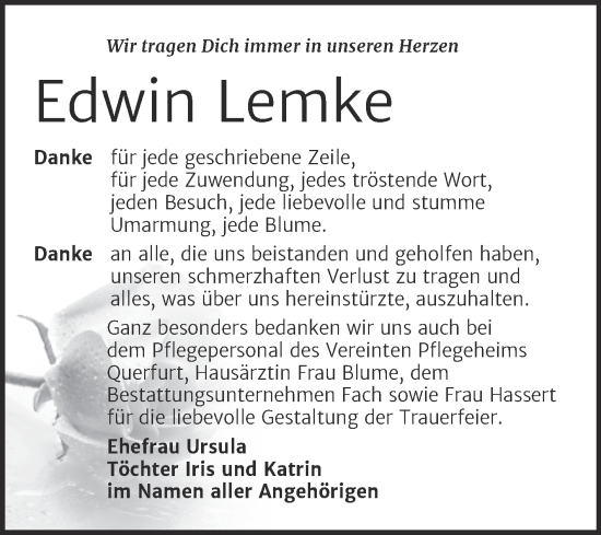 Traueranzeige von Edwin Lemke von Trauerkombi Merseburg