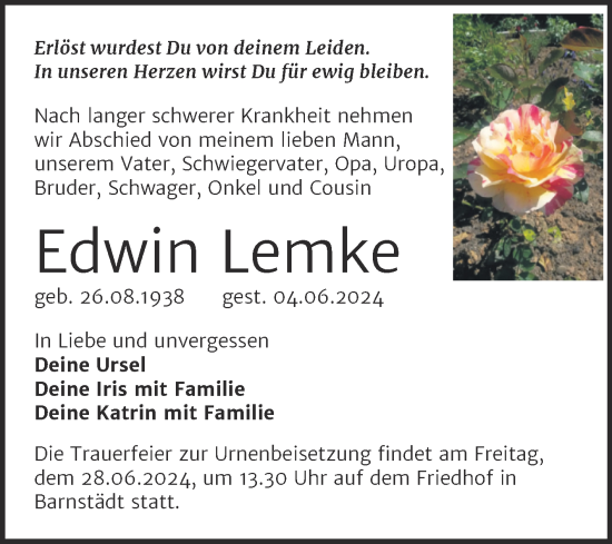 Traueranzeige von Edwin Lemke von Trauerkombi Merseburg