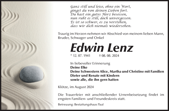 Traueranzeige von Edwin Lenz von Volksstimme Altmark West