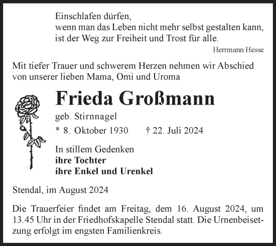 Traueranzeige von EFrieda Großmann von Volksstimme Altmark Ost