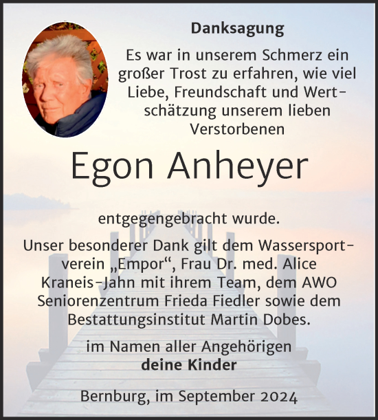 Traueranzeige von Egon Anheyer von Trauerkombi Bernburg