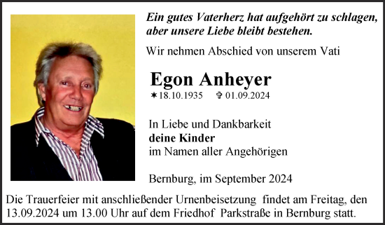 Traueranzeige von Egon Anheyer von Trauerkombi Bernburg