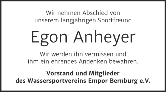 Traueranzeige von Egon Anheyer von Super Sonntag Bernburg
