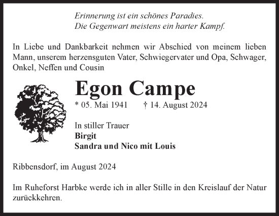 Traueranzeige von Egon Campe von Volksstimme Haldensleben/Wolmirstedt