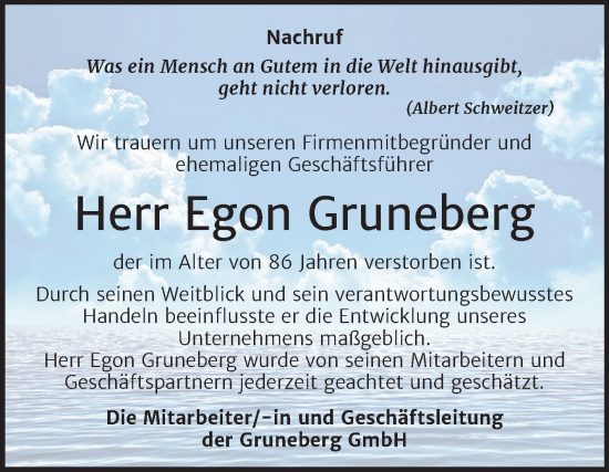 Traueranzeige von Egon Gruneberg von Super Sonntag Merseburg/Querfurt