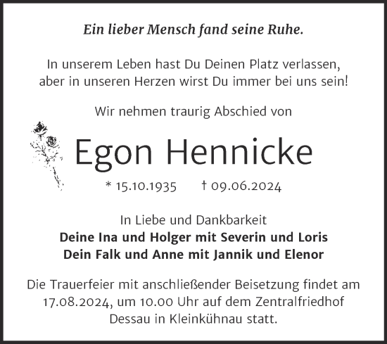 Traueranzeige von Egon Hennicke von Trauerkombi Dessau