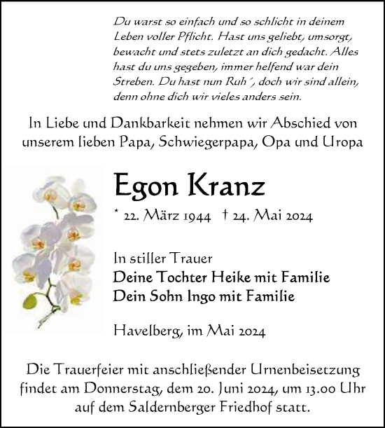 Traueranzeige von Egon Kranz von Volksstimme Altmark Ost